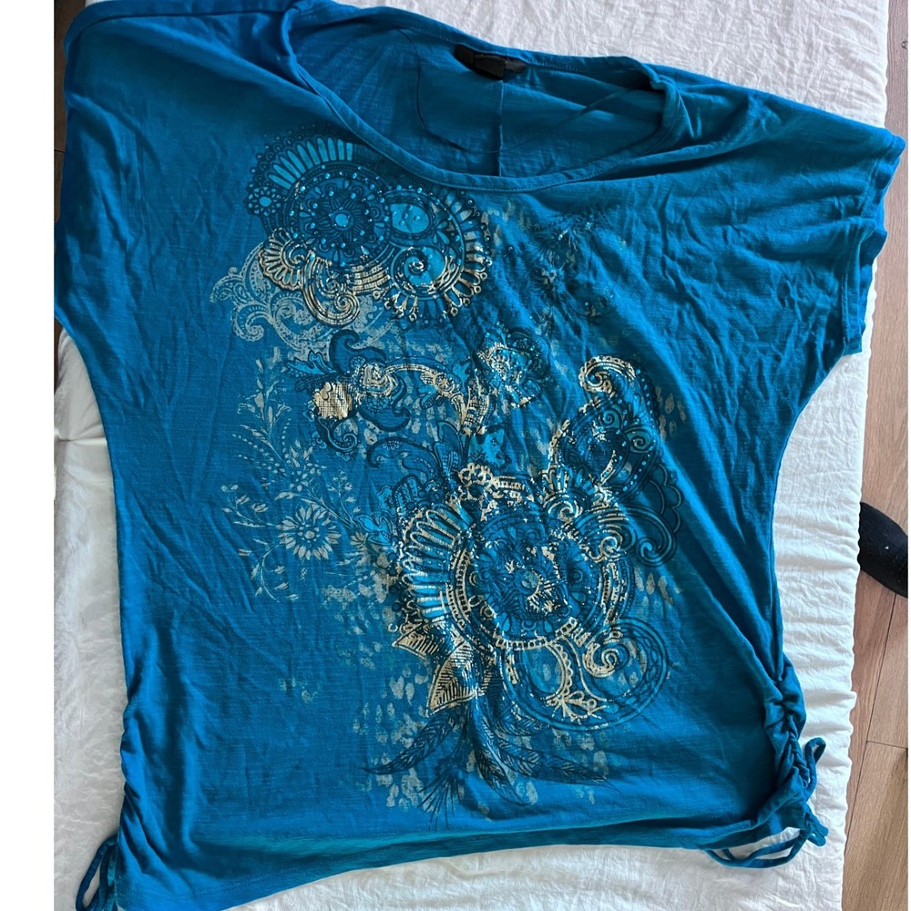 Style Co Blue Embellished‎ Side Tie Tunic Top Womens XL